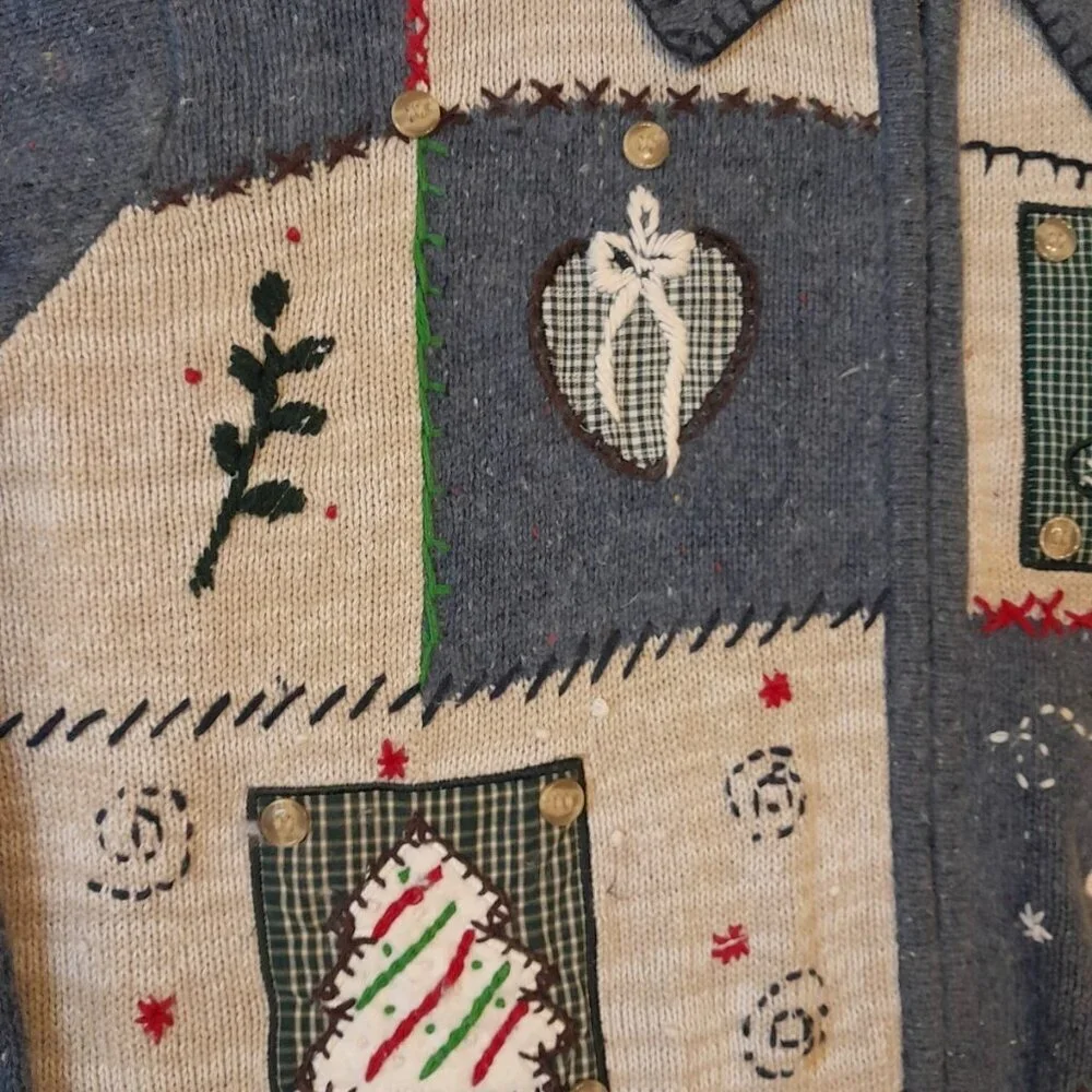 Vintage Womens Embroidered Patchwork Holiday 3D Christmas Zip Size XL Cardigan